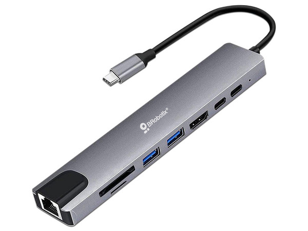 USB Hub Brobotix 8 en 1, USB-C a HDMI, RJ-45, Lector MicroSD, USB-C. Color Plata