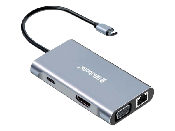 Docking Station Brobotix 7 en 1, USB-C, con vídeo HDMI, VGA, USB, RJ45. Color Gris.