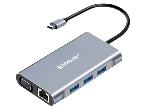 Docking Station Brobotix 7 en 1, USB-C, con vídeo HDMI, VGA, USB, RJ45. Color Gris.