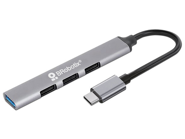 Hub USB 3.0 BRobotix 6008058, USB Tipo C a 4 Puertos USB Tipo A 3.0, Color Gris.