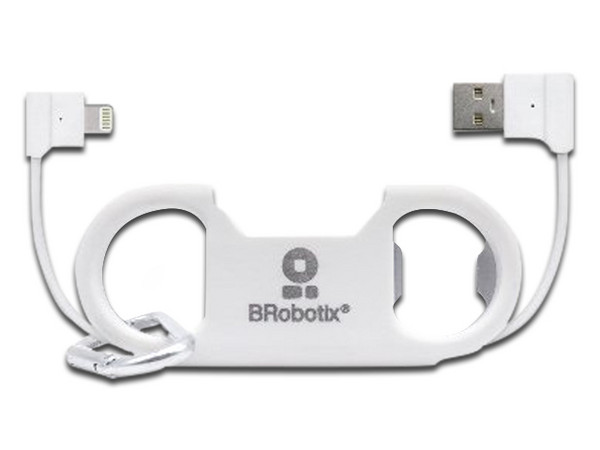 Cable BRobotix Lightning a USB A 2.0 para iPod, iPhone y iPad, .2m. Con destapador y diseño de llavero. Color Blanco.