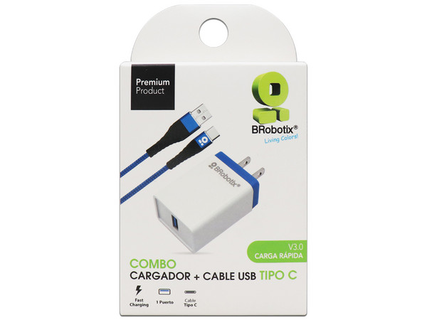 Kit de cargador y cable BRobotix de carga rápida, 1 puerto USB 3.0, 2.1A, Cable de 1m, USB Tipo-C. Color Blanco/Negro.