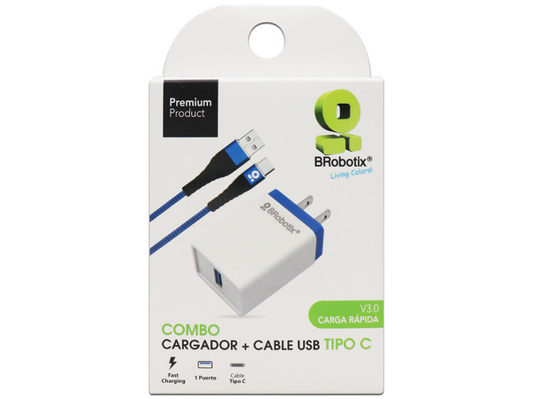 Kit de cargador y cable BRobotix, 1 puerto USB, 2.1A, Cable de 1m, USB Tipo-C. Color Blanco/Azul.