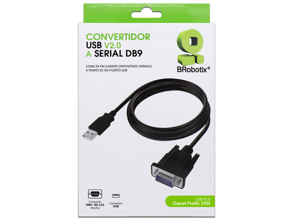 Cable adaptador BRobotix de USB 2.0 a Puerto Serial DB9/RS-232. Color Negro.