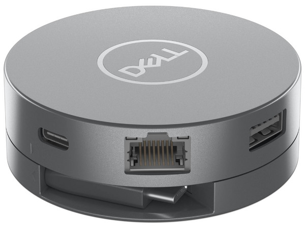 Adaptador Dell 6 en 1, USB-C, USB, HDMI, DP, RJ45, 8W. Color plata