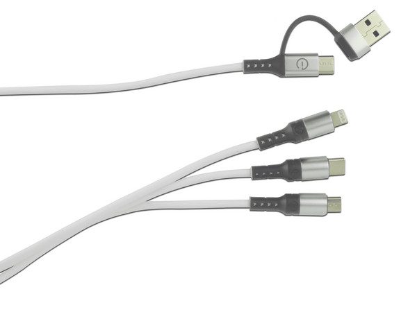 Cable USB Easy Line de USB-A/USB-C (M) a USB-C, Micro USB y Lighting (M), 1.2m. Color Blanco.