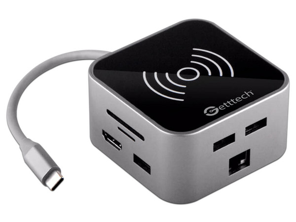 Hub USB-C Gettech GHW-69401, HDMI, Ethernet, USB 3.0, USB 2.0, SD, TF, 3.5mm, con cargador inalámbrico.