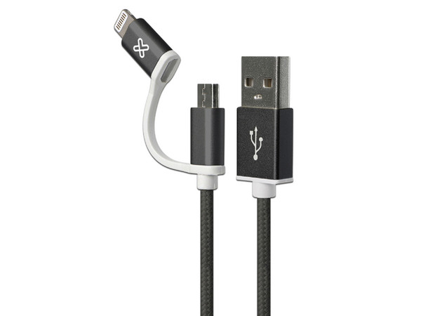 Cable Adaptador Klip Xtreme USB 2.0 a Micro USB / Lightning, 2 en 1, de 1m. Color Negro.