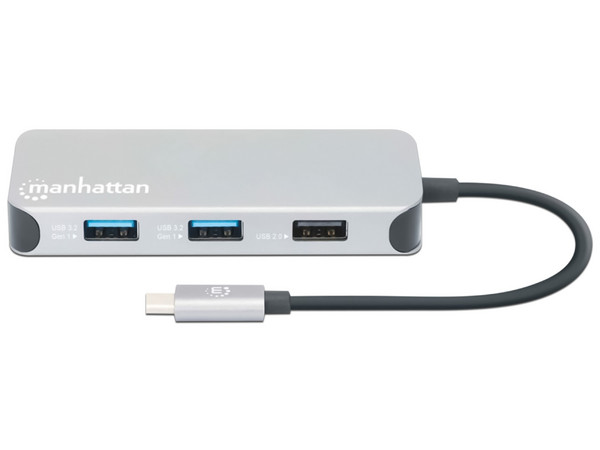 Docking Station 8 en 1 Manhattan con puertos de USB-C (Macho) a HDMI, USB Tipo C (Power Delivery), RJ-45, Tarjeta SD, MicroSD, 3.5mm y USB Tipo A (Hembras).