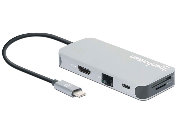 Docking Station 8 en 1 Manhattan con puertos de USB-C (Macho) a HDMI, USB Tipo C (Power Delivery), RJ-45, Tarjeta SD, MicroSD, 3.5mm y USB Tipo A (Hembras).