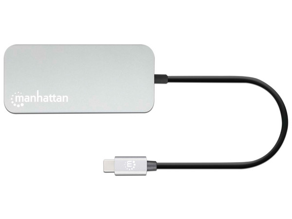 Docking Station 8 en 1 Manhattan con puertos de USB-C (Macho) a HDMI, USB Tipo C (Power Delivery), RJ-45, Tarjeta SD, MicroSD, 3.5mm y USB Tipo A (Hembras).