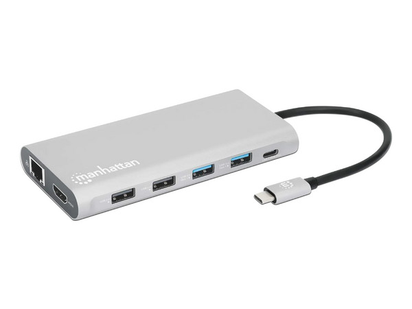Docking Station Manhattan de USB-C a 3 x HDMI, 2 x USB-C, 2 x USB 3.0, 2 x USB 2.0, 1 x RJ-45, 1 x Lector SD, 1 x Lector MicroSD.