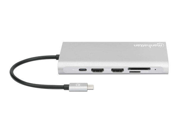 Docking Station Manhattan de USB-C a 3 x HDMI, 2 x USB-C, 2 x USB 3.0, 2 x USB 2.0, 1 x RJ-45, 1 x Lector SD, 1 x Lector MicroSD.