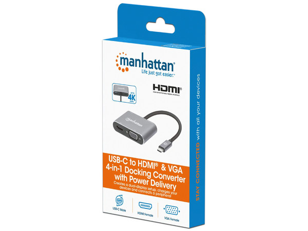 Docking Station Manhattan de 4 Puertos con puerto USB-C (Macho) a USB, HDMI, USB-C, VGA (Hembras), Color Gris.