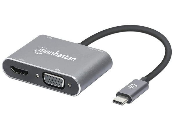 Docking Station Manhattan de 4 Puertos con puerto USB-C (Macho) a USB, HDMI, USB-C, VGA (Hembras), Color Gris.