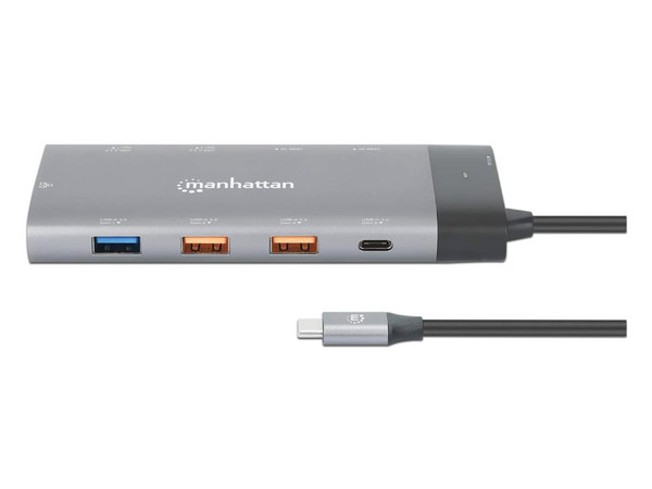 Docking Station Manhattan 130714, Conector USB-C, 2 puertos USB-A 3.2 Gen2, 3 puertos USB-A 3.2 Gen1, 1 puerto USB-C PD 100W, 1 puerto USB-C para datos, 2 puertos HDMI y 1 puerto Ethernet RJ-45.
