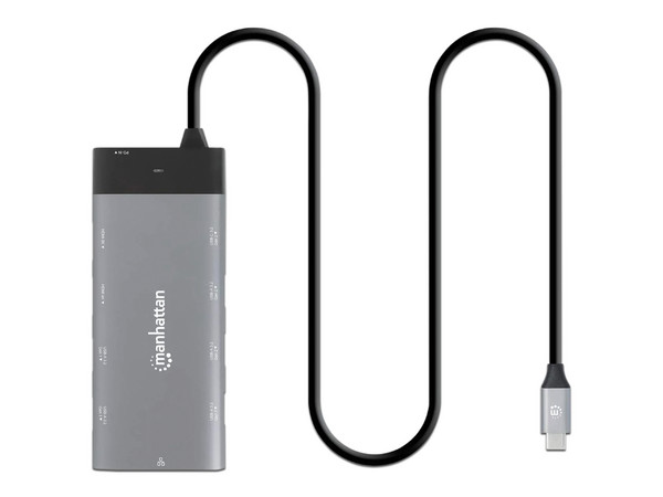 Docking Station Manhattan 130714, Conector USB-C, 2 puertos USB-A 3.2 Gen2, 3 puertos USB-A 3.2 Gen1, 1 puerto USB-C PD 100W, 1 puerto USB-C para datos, 2 puertos HDMI y 1 puerto Ethernet RJ-45.