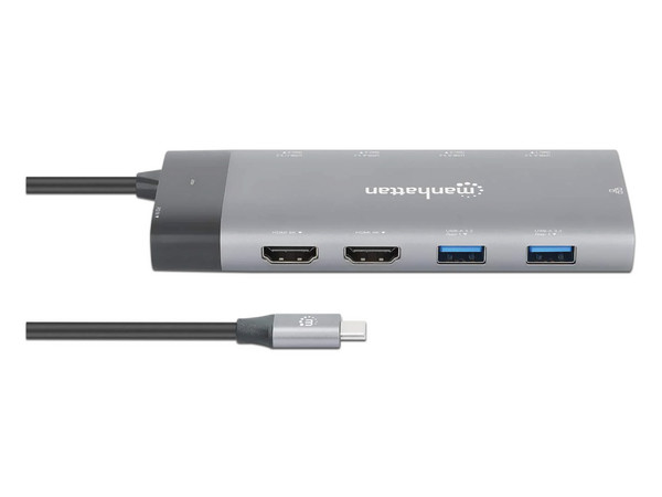 Docking Station Manhattan 130714, Conector USB-C, 2 puertos USB-A 3.2 Gen2, 3 puertos USB-A 3.2 Gen1, 1 puerto USB-C PD 100W, 1 puerto USB-C para datos, 2 puertos HDMI y 1 puerto Ethernet RJ-45.