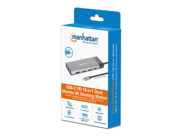 Docking Station Manhattan 130714, Conector USB-C, 2 puertos USB-A 3.2 Gen2, 3 puertos USB-A 3.2 Gen1, 1 puerto USB-C PD 100W, 1 puerto USB-C para datos, 2 puertos HDMI y 1 puerto Ethernet RJ-45.