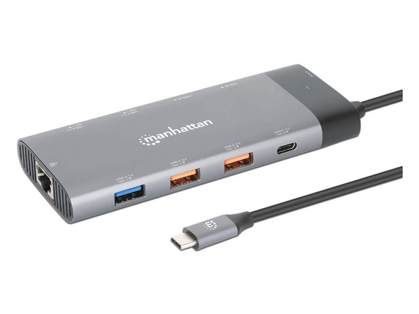 Docking Station Manhattan 130714, Conector USB-C, 2 puertos USB-A 3.2 Gen2, 3 puertos USB-A 3.2 Gen1, 1 puerto USB-C PD 100W, 1 puerto USB-C para datos, 2 puertos HDMI y 1 puerto Ethernet RJ-45.
