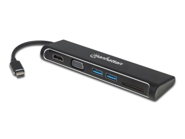 Adaptador Manhattan de USB-C a HDMI, VGA, USB 3.0, lector SD. Color negro.