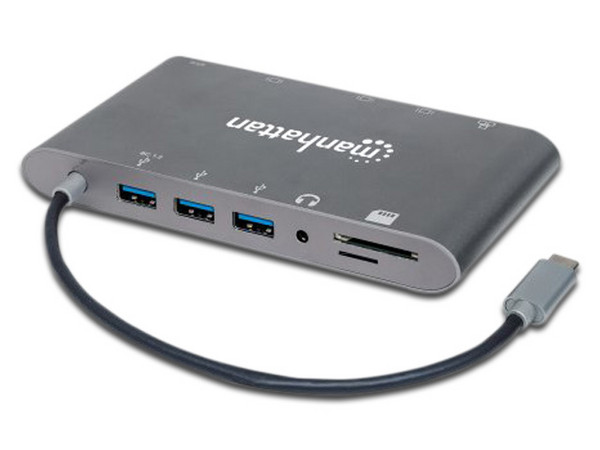 Docking Station 7 en 1 Manhattan con puertos de USB-C (Macho) a HDMI, Mini DisplayPort, VGA, RJ-45, Memoria SD, 3.5mm y USB-C (Hembras).