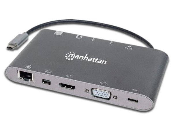 Docking Station 7 en 1 Manhattan con puertos de USB-C (Macho) a HDMI, Mini DisplayPort, VGA, RJ-45, Memoria SD, 3.5mm y USB-C (Hembras).
