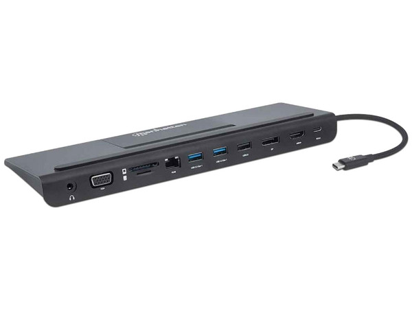 Docking Convertidor Manhattan, Conector USB-C (Macho) a HDMI, Displayport, VGA, RJ45, 3 x USB-A, 1 entrada para memorias SD, 1 entrada para memoria Mini SD, 1 Jack de audio de 3.5 mm, hembra, 1 entrada USB-C.