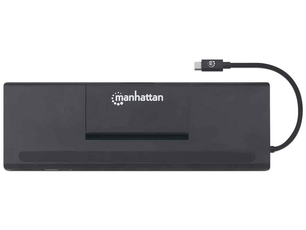 Docking Convertidor Manhattan, Conector USB-C (Macho) a HDMI, Displayport, VGA, RJ45, 3 x USB-A, 1 entrada para memorias SD, 1 entrada para memoria Mini SD, 1 Jack de audio de 3.5 mm, hembra, 1 entrada USB-C.