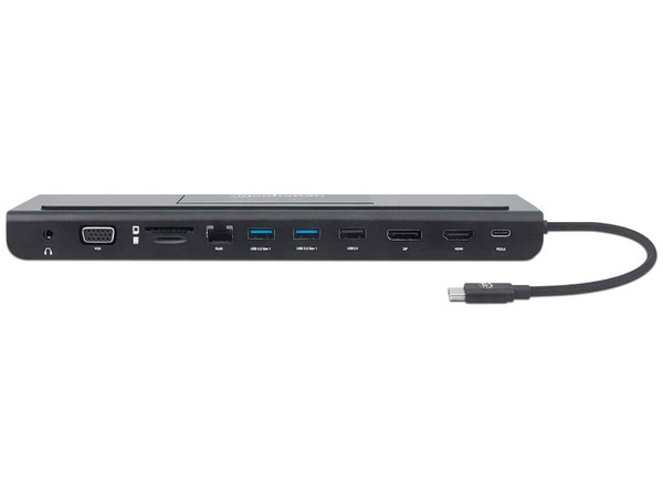 Docking Convertidor Manhattan, Conector USB-C (Macho) a HDMI, Displayport, VGA, RJ45, 3 x USB-A, 1 entrada para memorias SD, 1 entrada para memoria Mini SD, 1 Jack de audio de 3.5 mm, hembra, 1 entrada USB-C.