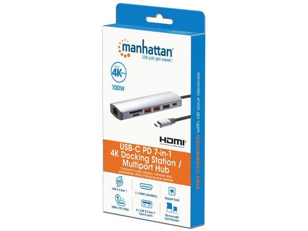 Docking Station USB-C Manhattan 153966, HDMI 2.0, RJ45, USB-C, 2 USB 3.2 Gen 2, Lector SD y MicroSD. Color Gris.