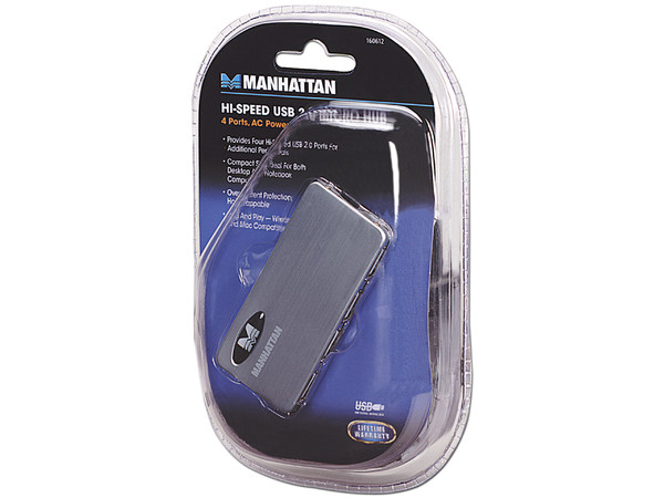 Micro Hub USB Manhattan de 4 Puertos (Convierte 1 puerto USB en 4) con Adaptador CA.