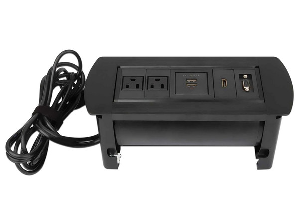 Caja de conexión para mesa Manhatan, con conectividad USB, HDMI, VGA, Color Negro.