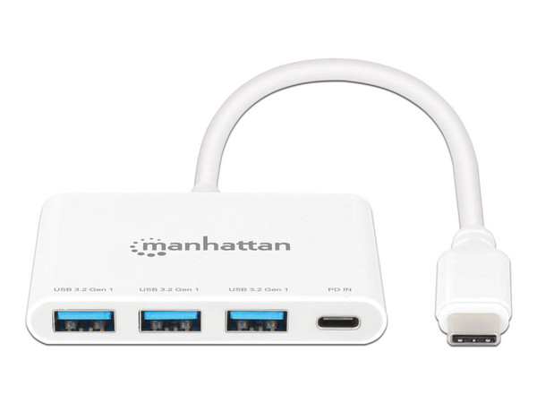 Hub USB-C Manhattan 3 Puertos, USB-C, USB-A y 1 Puerto Power Delivery, Color Blanco.