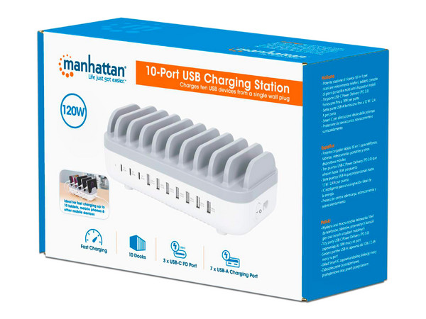 Estación de Carga Manhattan de 120W, 3 puertos USB-C PD 3.0 y 7 puertos USB-A. Color Blanco.