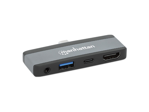 Docking Station USB-C 4 en 1, USB 3.2 Tipo-C a HDMI 4K a 30 Hz, USB-A 10 Gbps, USB-C Power Delivery 100 W, Puerto de Audio 3.5 mm, Aluminio, Negro/Gris Espacial.
