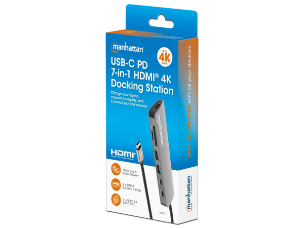 Hub USB 7 en 1 Manhattan 190442, USB Tipo C a SD, MicrosD, USB Tipo A, USB Tipo C, HDMI, Color Gris.