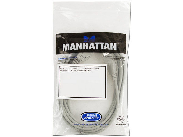 Extensión de cable USB Manhattan 317238 de Macho a Hembra, 3.0m, Gris.
