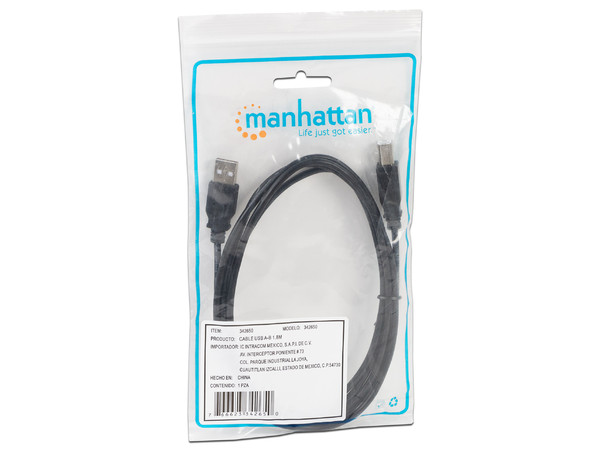 Cable Manhattan USB 2.0 A macho/ B macho de 1.8 Mts. para Impresora y Escáner