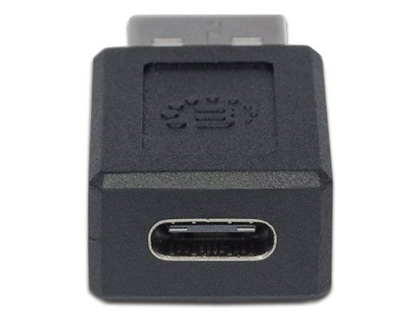 Adaptador Manhattan de USB-A (macho) a USB-C (hembra). Color Negro.