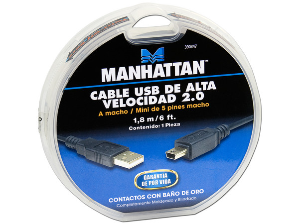Cable USB de Alta Velocidad 2.0 A macho/ mini de 5 pines macho, Negro, 1.8 m