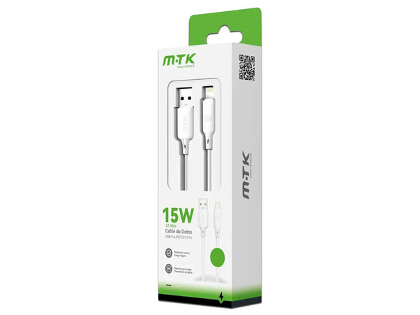 Cable de Datos MTK 0158281, USB Tipo A a  Lightning (M - M), 1m, Compatible con iPhone e iPad. Color Blanco.
