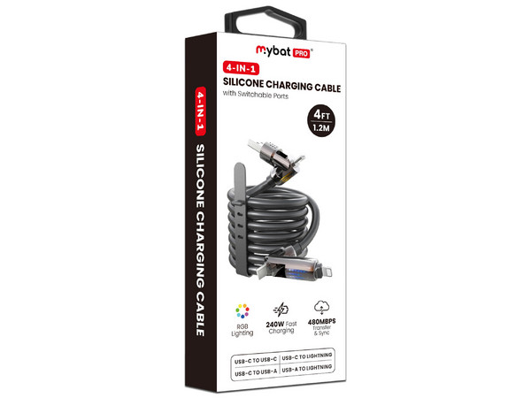 Cable USB 4 en 1 MyBat Pro de 1.2m, RGB, USB Tipo A, USB Tipo C, Lightning. Color Negro.