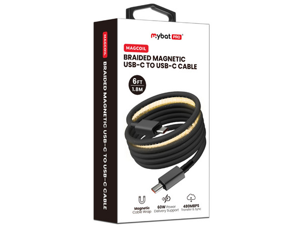Cable MyBat Pro MagCoil de USB-C a USB-C (M-M), 1.8m, 60W, Trenzado, Color Negro.