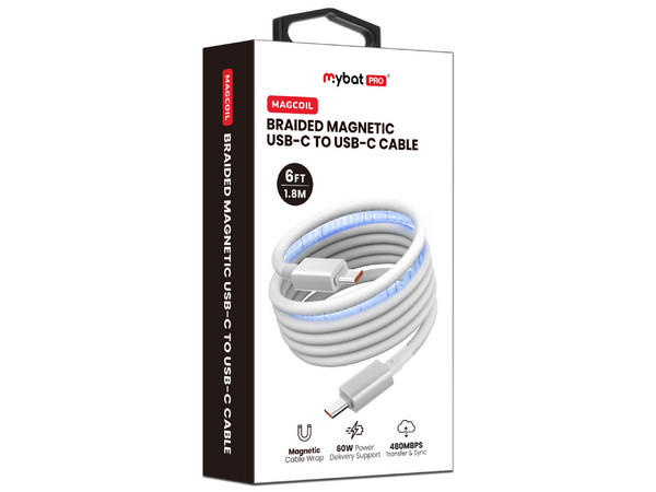 Cable MyBat Pro MagCoil de USB-C a USB-C (M-M), 1.8m, 60W, Trenzado, Color Blanco.