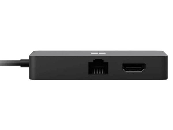 Microsoft Hub con 5 puertos de USB-C (Macho) a HDMI, VGA, RJ-45, USB-A 3.0 y USB-C (Hembras).