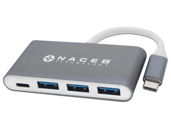 Adaptador HUB NACEB de USB-C a USB 3.0 y PD (M-H). Color Gris.