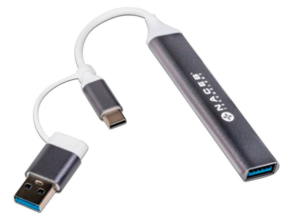 Adaptador Naceb NA-0124: Hub con Convertidor Tipo C, 4x USB y 1x USB A.