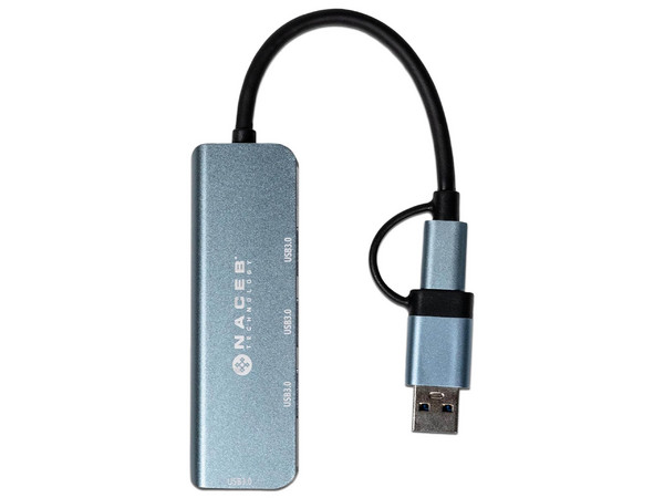 Hub USB 3.0: 4 Puertos, Salida Tipo C, Cable 15cm. Color Gris.