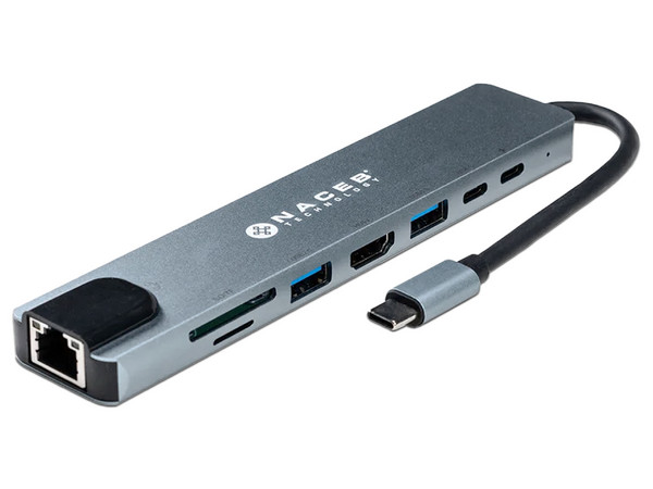 HUB Naceb 8 en 1 NA-0128, USB Tipo C a HDMI, USB Tipo A, USB Tipo C, Lector SD, Lector TF, RJ-45, Color Gris.

